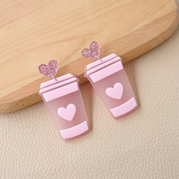 Jewelry - Sparkling Pink Coffee Milk Tea Cup Acrylic Studed Earrings